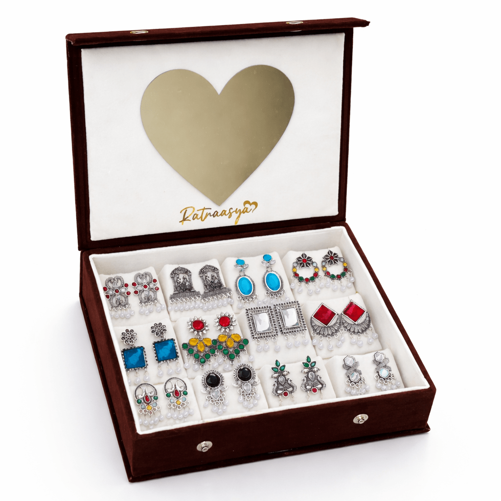 Set Of 12 Oxidized Designer Stud Earrings With Folding Jewelry Box - Ratnaasya