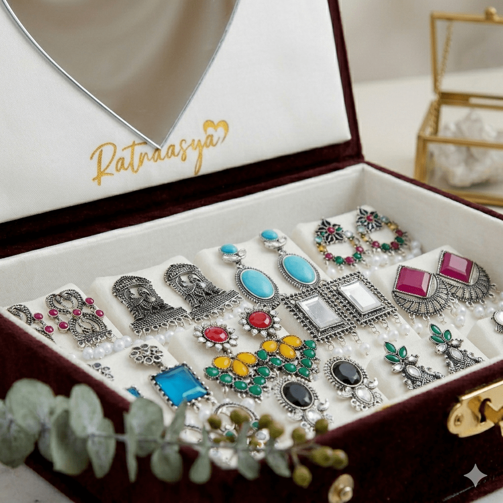 Set Of 12 Oxidized Designer Stud Earrings With Folding Jewelry Box - Ratnaasya