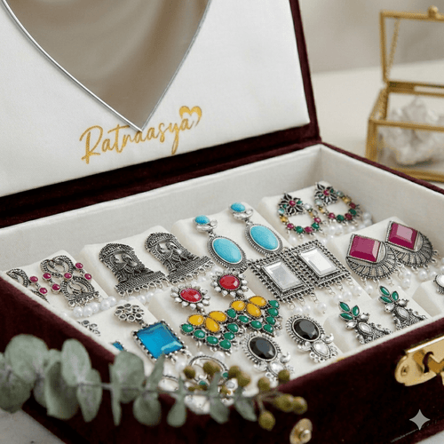 Set Of 12 Oxidized Designer Stud Earrings With Folding Jewelry Box - Ratnaasya