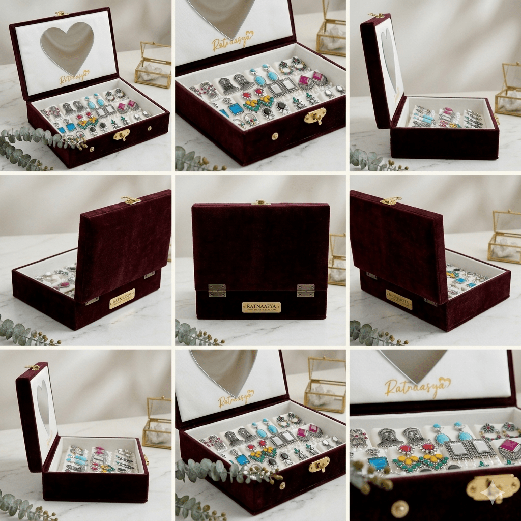 Set Of 12 Oxidized Designer Stud Earrings With Folding Jewelry Box - Ratnaasya