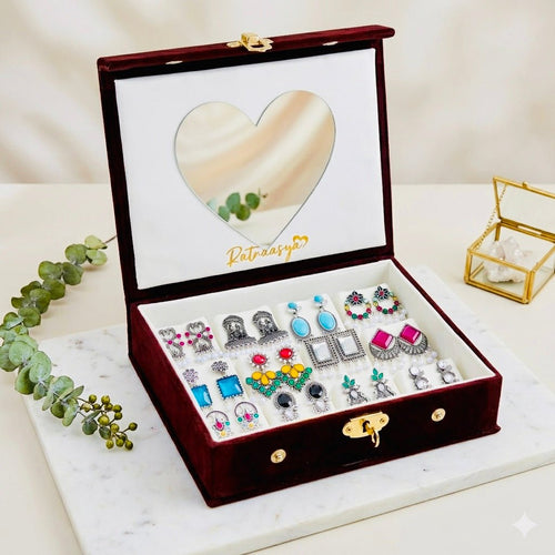 Set Of 12 Oxidized Designer Stud Earrings With Folding Jewelry Box - Ratnaasya