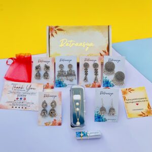 SET OF 6 OXODISED DESIGNER STUD EARRINGS WITH CHAIN PENDENT