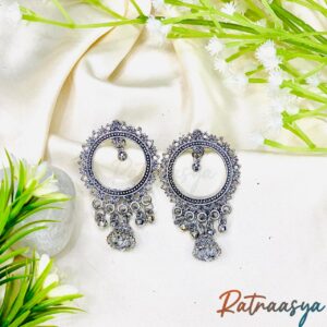 Majestic circular oxidized silver dangler earrings with ornate mirror accents and hanging beads on white background