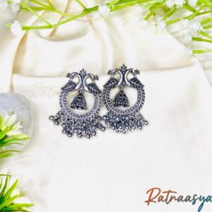 Antique Peacock Motif Oxidised Jhumki Earrings