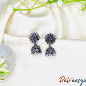 Vintage Floral Stud Oxidised Jhumki Earrings