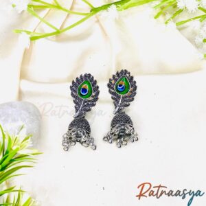 Majestic Peacock Feather Oxidised Jhumki Earrings